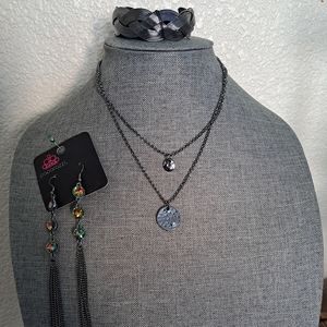 Paparazzi Jewelry Three Piece Black Metal Bundle, Necklace, Earrings, Bracelet